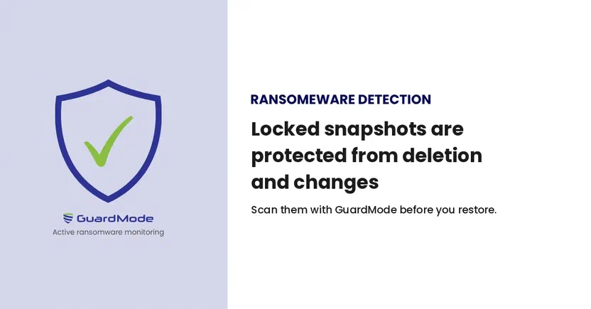 GuardMode shield logo beside the heading Locked snapshots are protected from deletion and changes, with the line Scan them with GuardMode before you restore