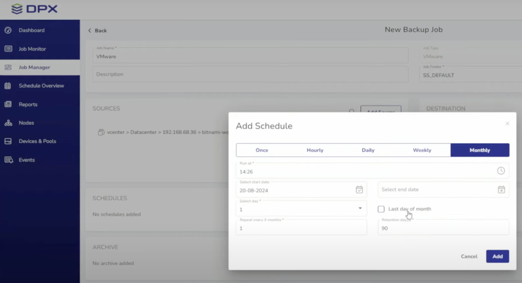 Catalogic DPX backup scheduling interface