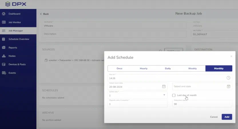 Catalogic DPX backup scheduling interface