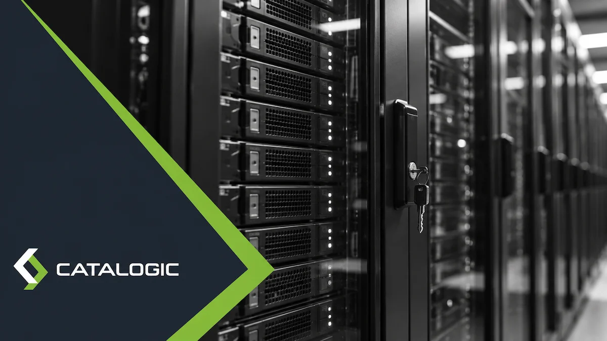 Locked server rack in a data center representing Catalogic DPX vStor immutable backup storage