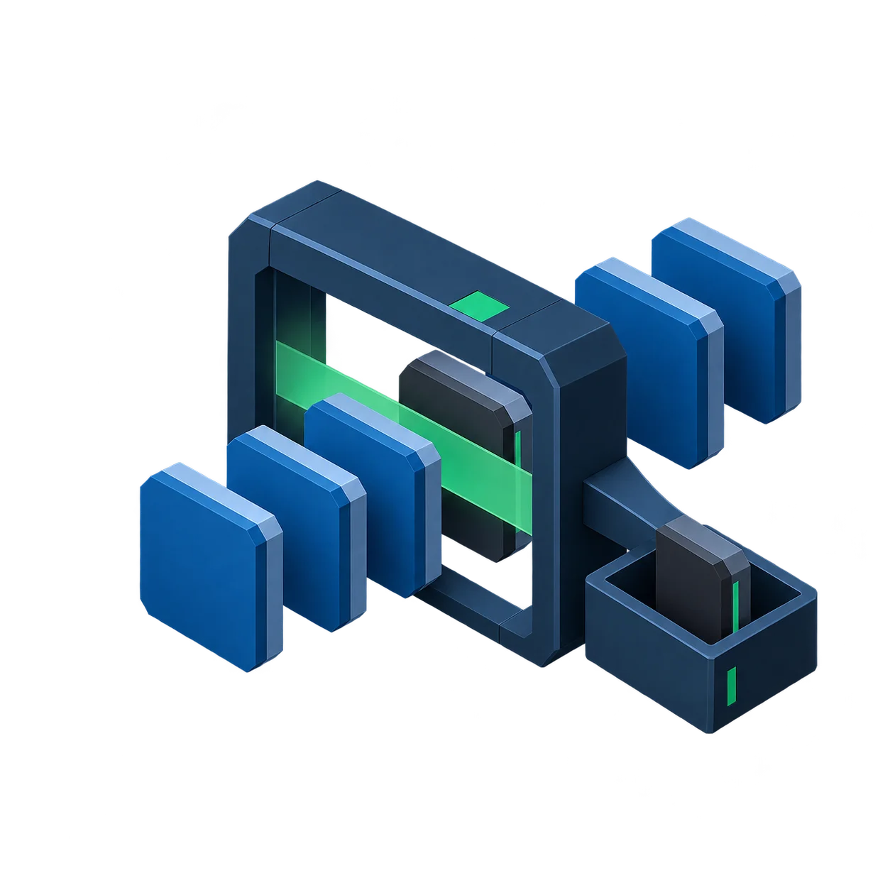 Illustrazione isometrica di blocchi blu e grigi che attraversano un portale con una fascia verde