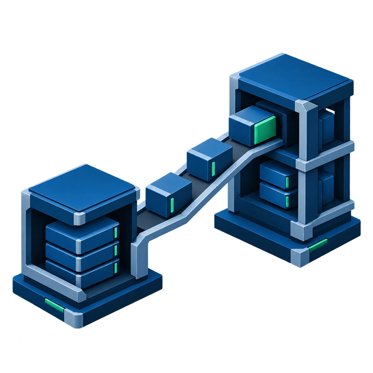 Unità server collegate da un nastro con blocchi di dati blu e verdi in vista isometrica