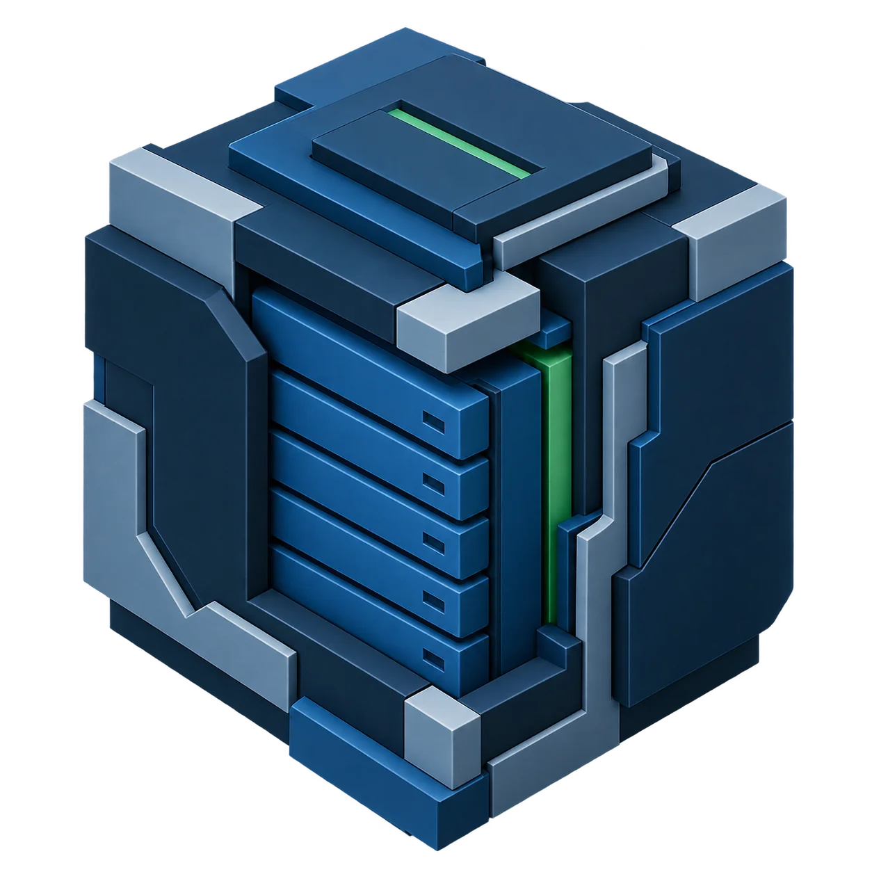 Contenitore di storage blu rinforzato con unità server e dettagli verdi in vista isometrica