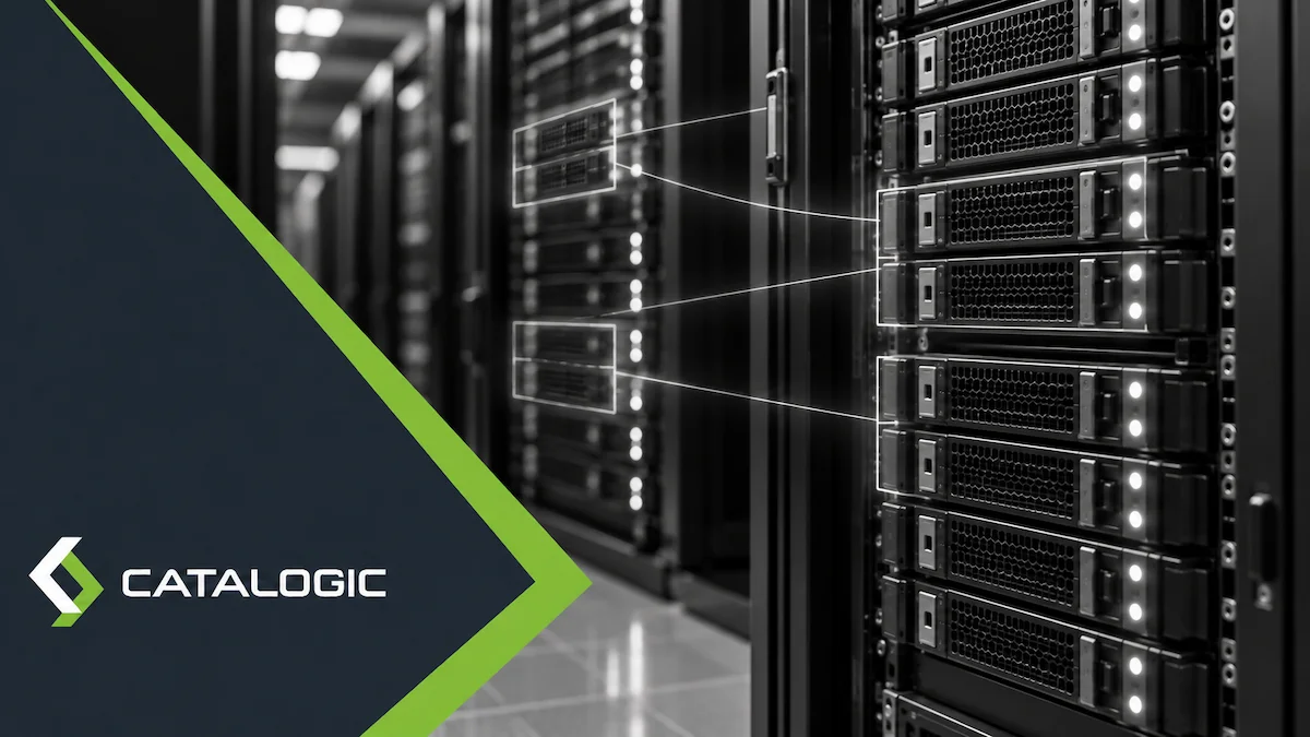 Data center server racks with highlighted drives linked across racks, representing DPX vStor backup storage and replication